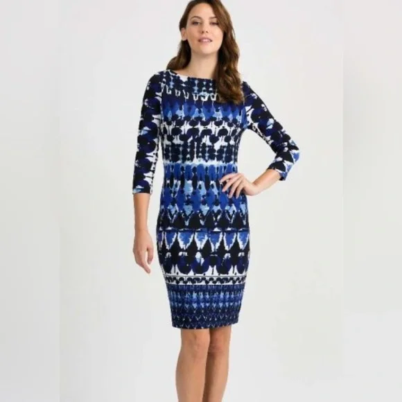 Joseph Ribkoff Abstract Print Stretch Knit Blue Black White Sheath Dress 8 - Picture 1 of 13